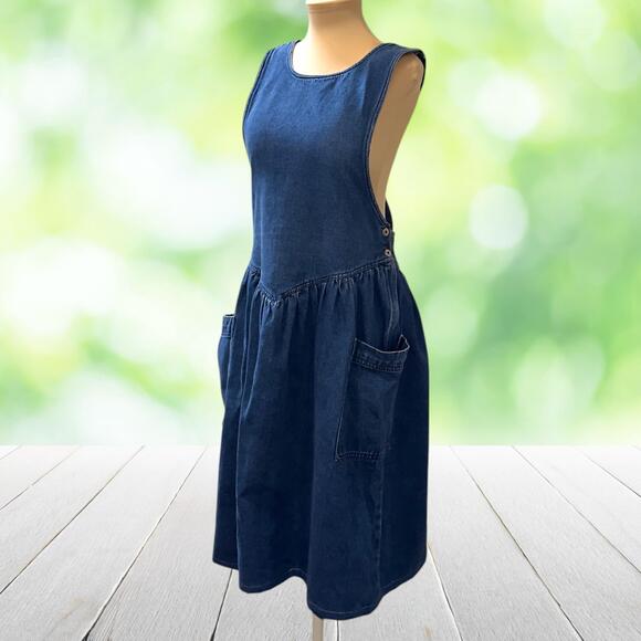 Nouveau Face Dresses & Skirts - Vintage Denim Pinafore Dress Drop Waist Cross Back Pockets Blue 90s Size M